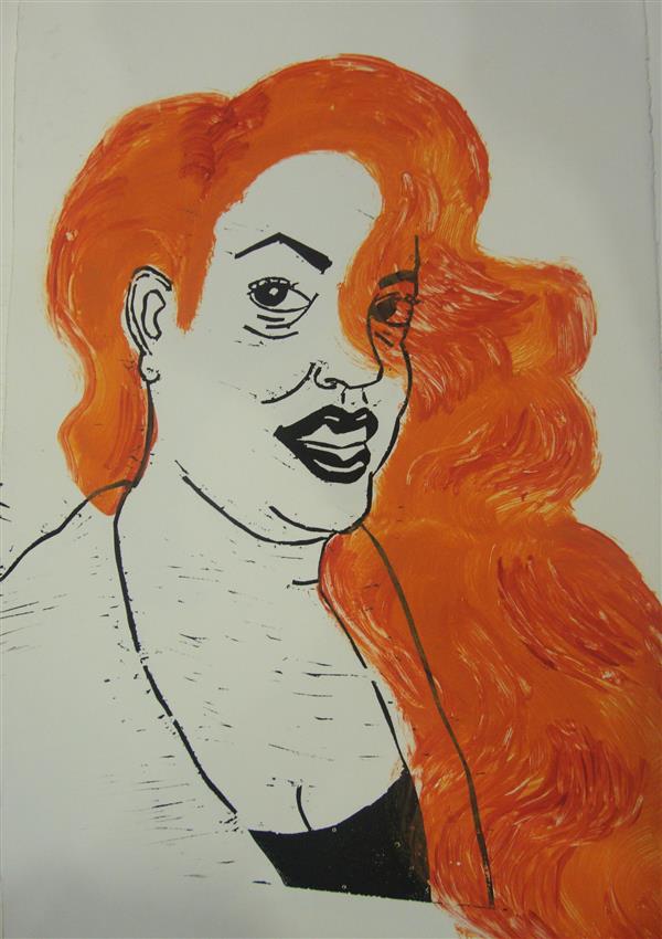 Print of a woman drawn in black with bright orange cascading hair